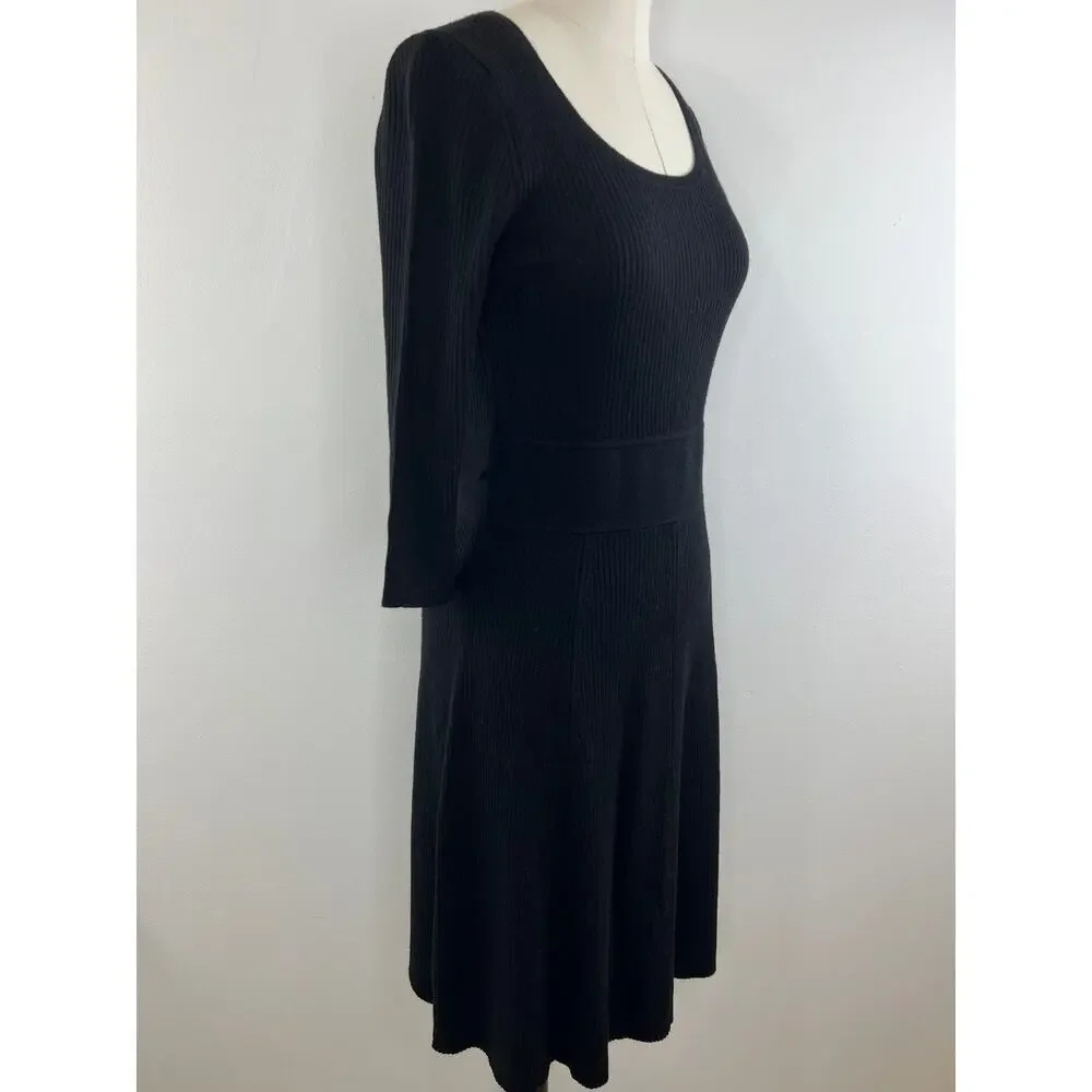 Lauren Ralph Lauren Black Merino Wool Ribbed 3/4 Sleeve Sweater Dress Sz PM NEW